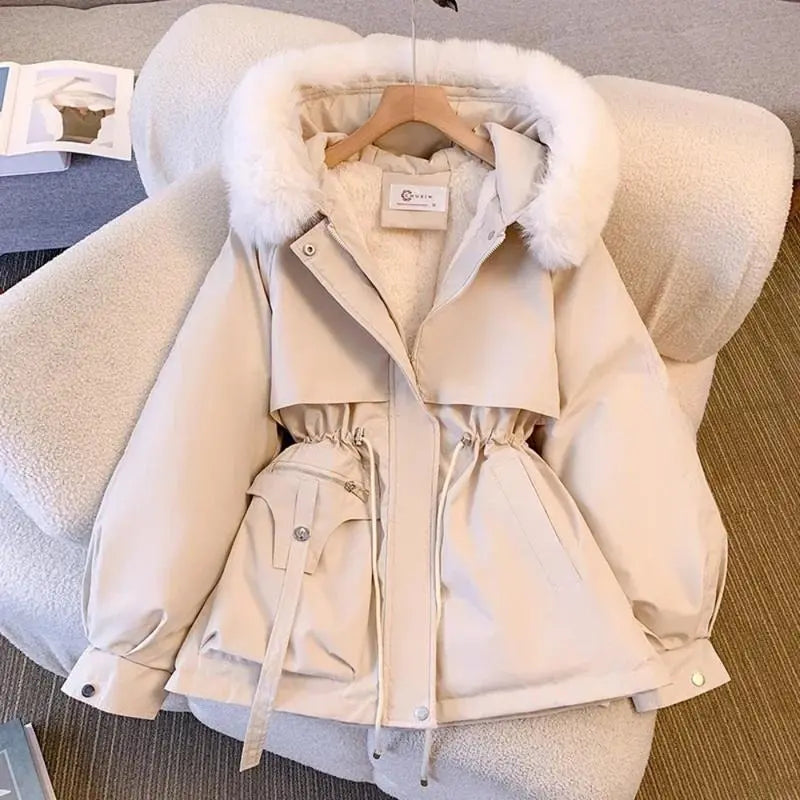 FauxFurMid-LengthHoodedDrawstringParka,WinterWarmThickenedLadiesPufferJackets,FleeceLinedWinterCoatforWomen