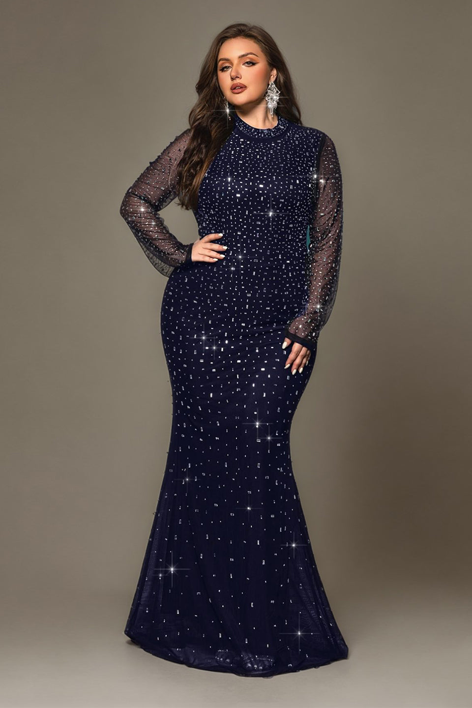 Curveins Plus Size Elegant Round Neck Sheer Sleeves Sequin-Hugging Long Dress