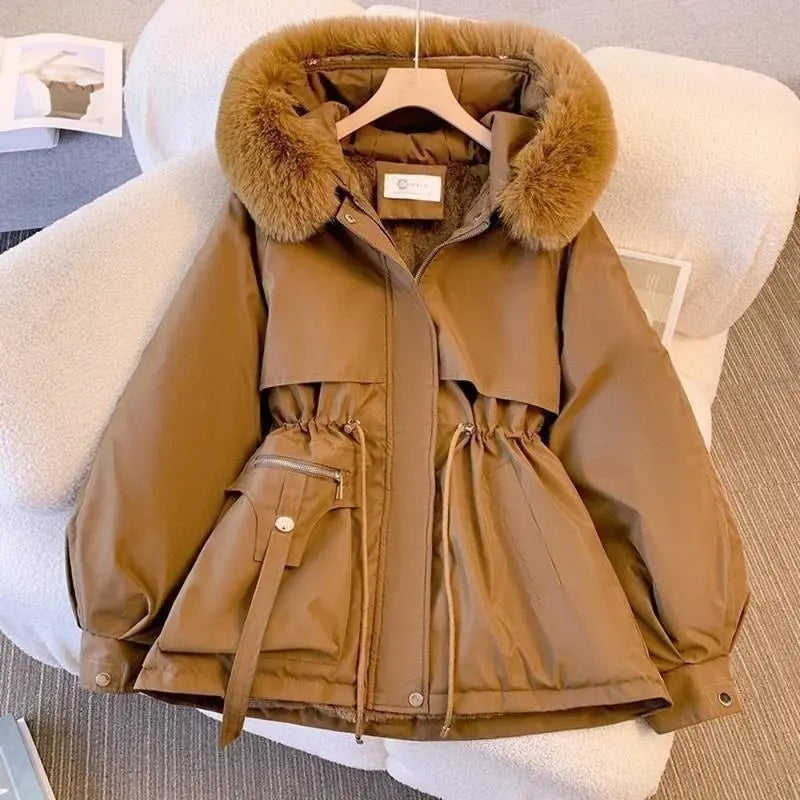 FauxFurMid-LengthHoodedDrawstringParka,WinterWarmThickenedLadiesPufferJackets,FleeceLinedWinterCoatforWomen