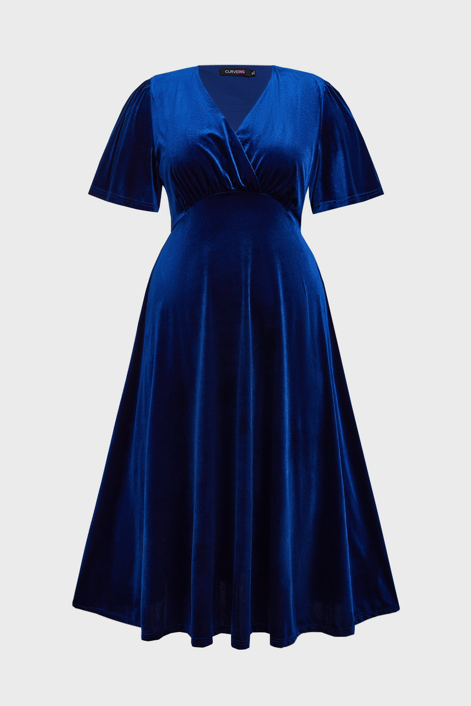 Curveins Plus Size Velvet V-Neck Ruched Hem Maxi Dress