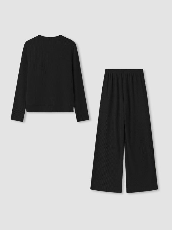 Women's Casual Comfortable Round Neck Long Sleeve Knit Sweater Set, High Waist Versatile Wide Leg Pants, Perfect for Daily Wear