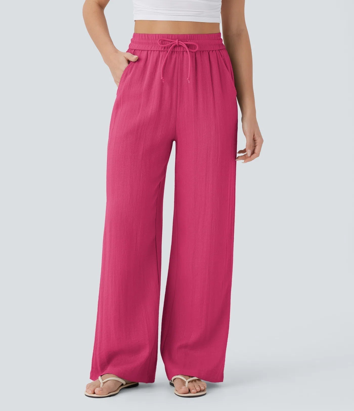 Casual High-Waisted Linen Trousers with Drawstring and Wide Pockets