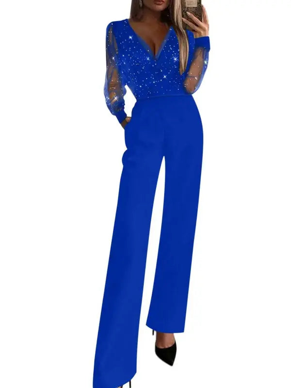 Women's fashionable and sexy black mesh sequin patchwork deep V-neck long-sleeved one-piece slimming wide-leg trousers, suitable for spring and autumn