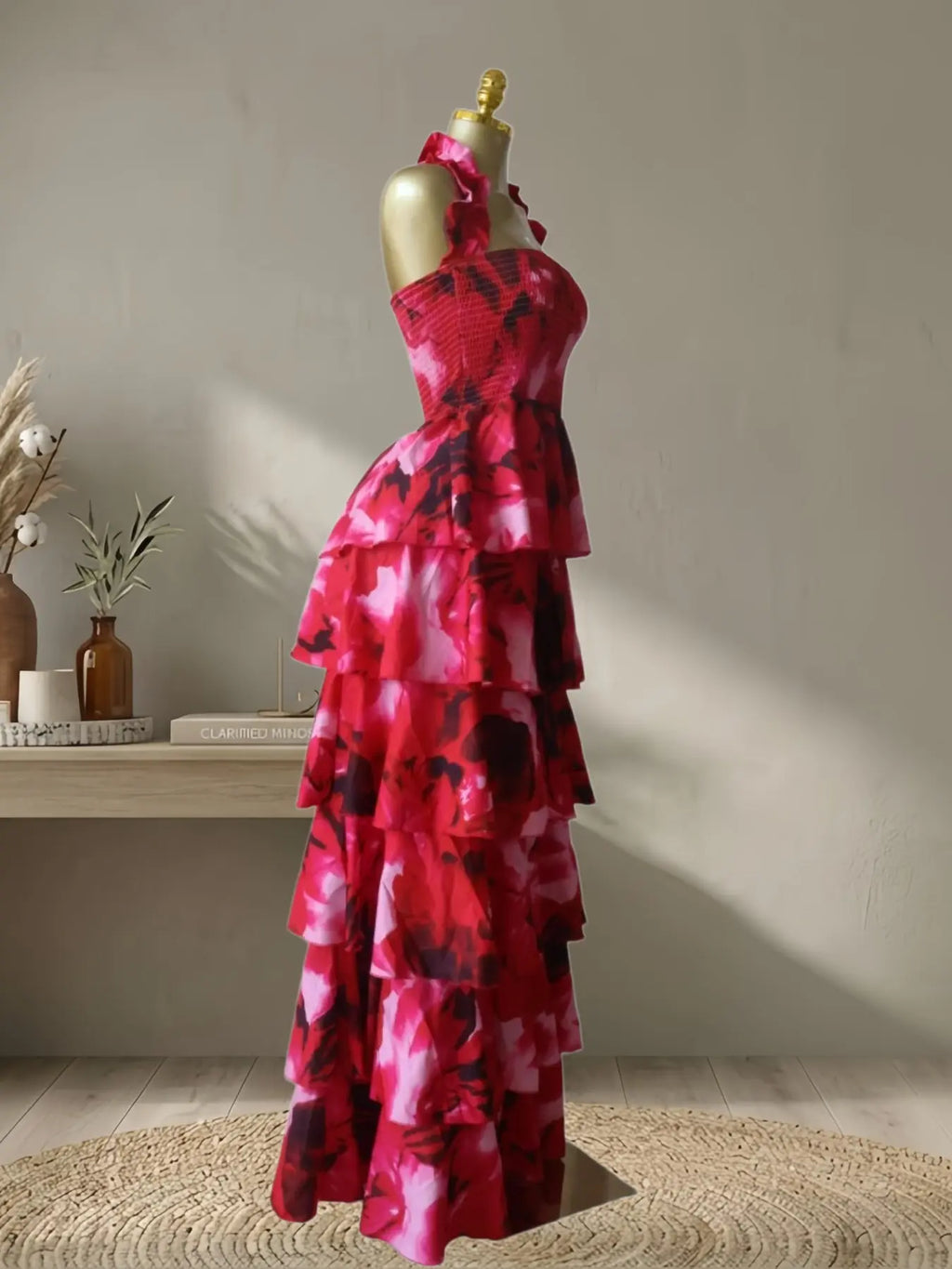 Women's Floral Print Layered Ruffle Midi Maxi Dress