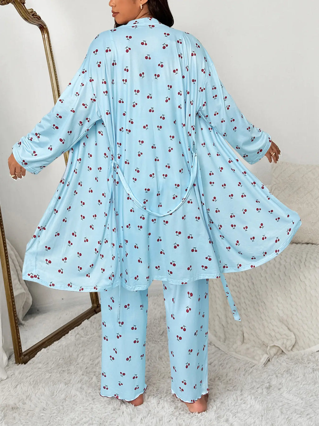 Plus Size Cherry Print Women's Sweet Comfortable Belted Robe & Sleeveless Long Pants & Cami Set