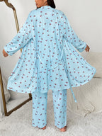 Plus Size Cherry Print Women's Sweet Comfortable Belted Robe & Sleeveless Long Pants & Cami Set