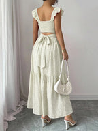 1 Piece Spring & Summer Ruffled Square Neck Polka Dot Maxi Dress