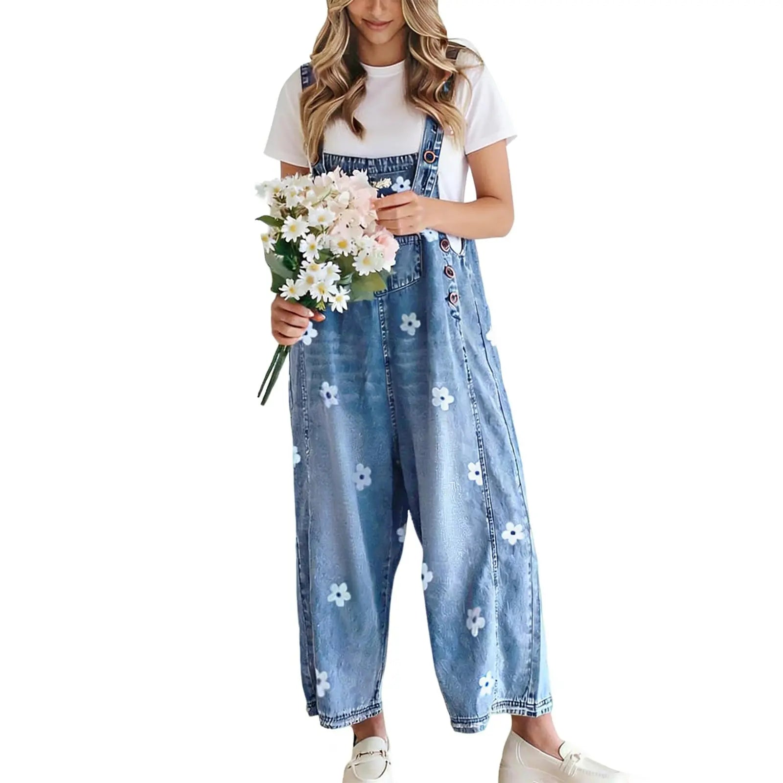 Women's Bib Overalls, Cute Floral Print Denim Jumpsuit with Baggy Wide Leg and Adjustable Straps