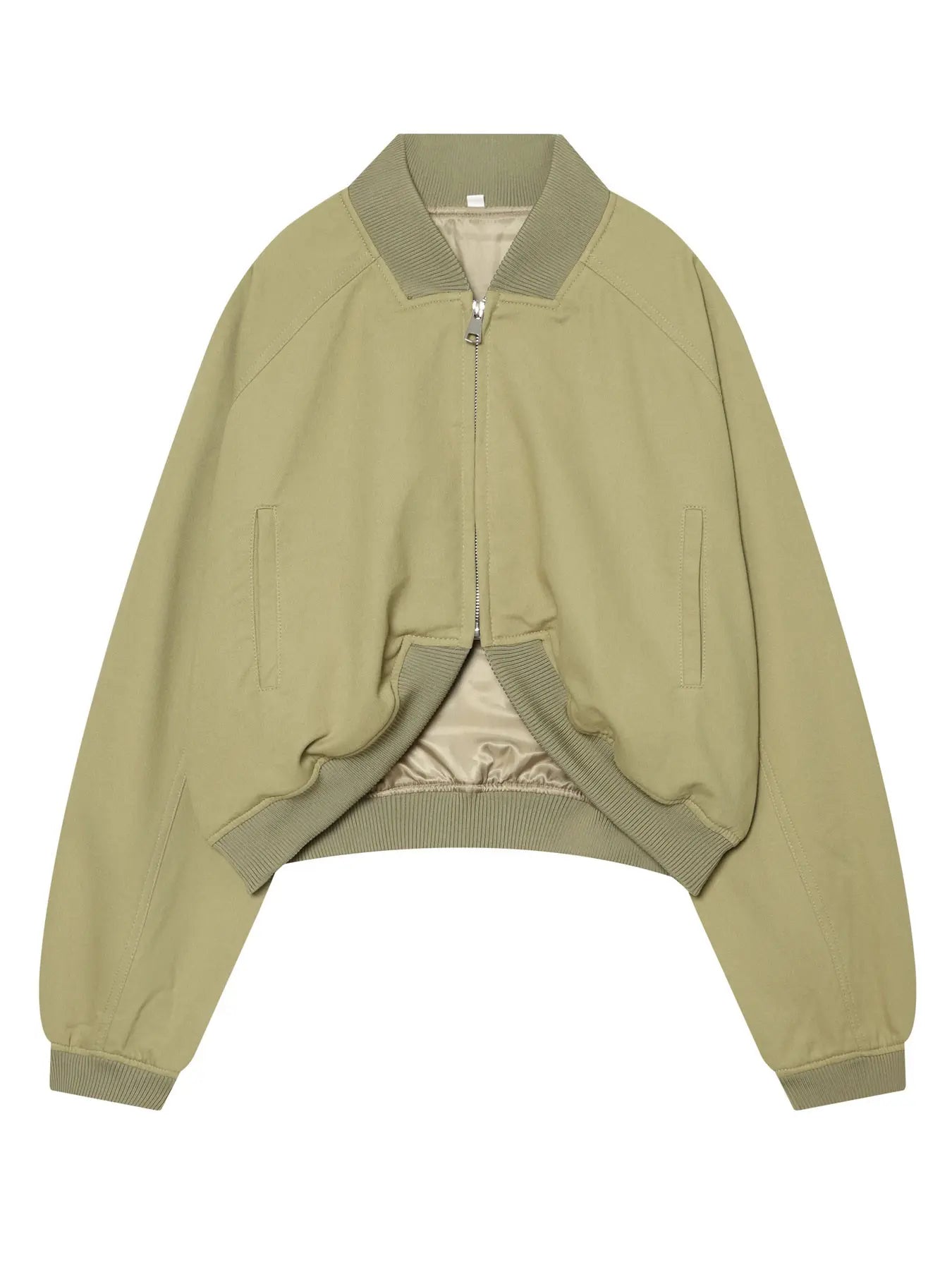 Women's Olive Green Loose Cropped Basic Bomber Jacket, Casual Zipper Coat