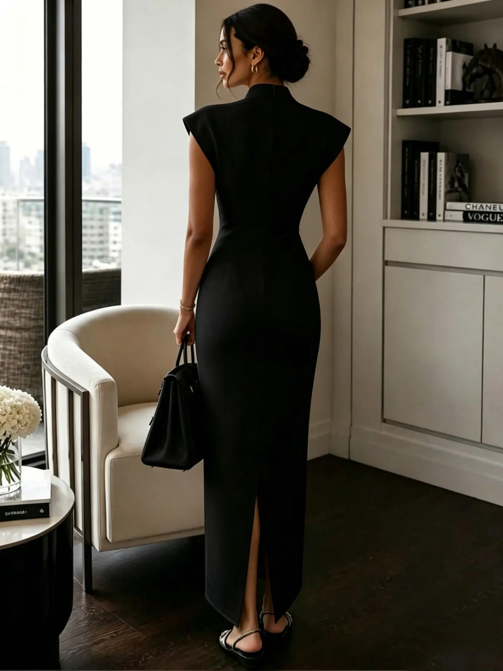 New Stand Collar V Neck Sleeveless High Waist Bodycon Dress