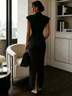 New Stand Collar V Neck Sleeveless High Waist Bodycon Dress