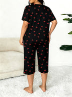 Plus-Size Women's Cherry Print Round Neck Short Sleeve Top and Capri Pants Set