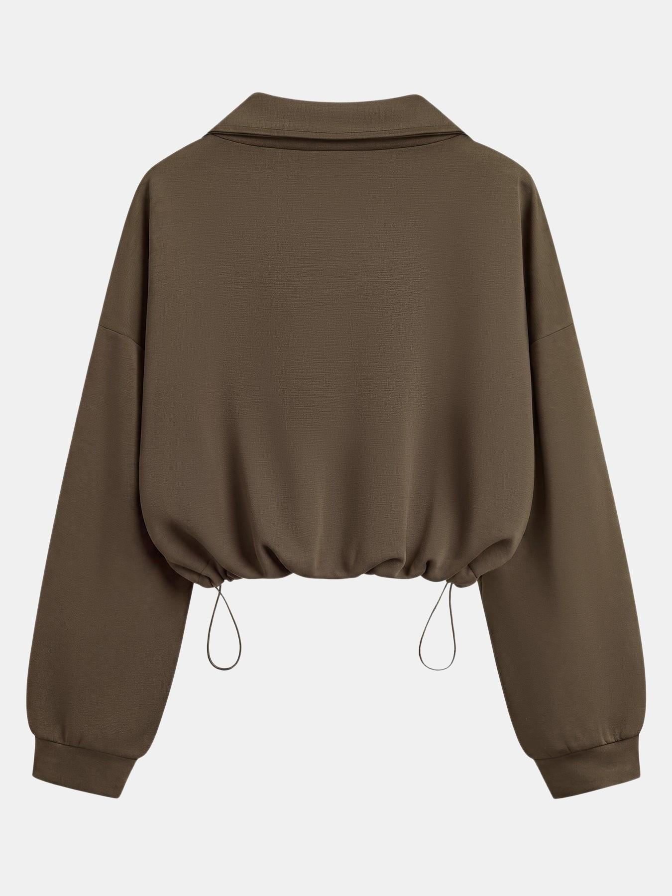 Women's Half-Zip Stand Collar Drawstring Adjustable Short Sweatshirt
