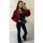 Women's Bomber Jacket Ladies Long Balloon Puff Sleeve Zipper Jacket Top Long Sleeve Cropped