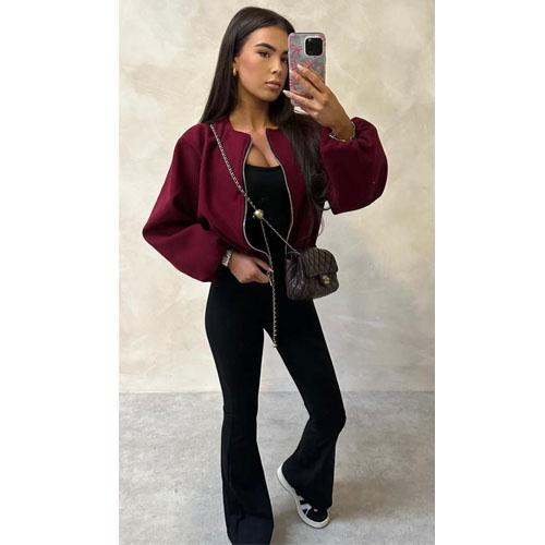 Women's Bomber Jacket Ladies Long Balloon Puff Sleeve Zipper Jacket Top Long Sleeve Cropped
