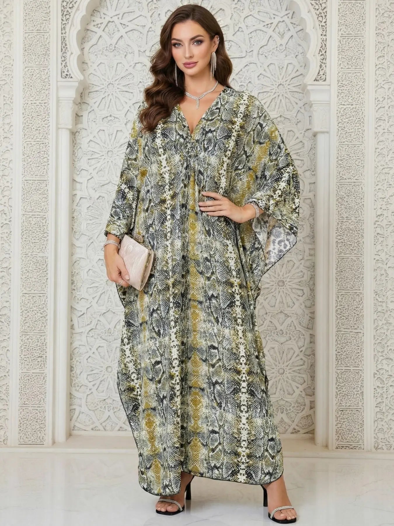 Women's Leopard Print Batwing Sleeve Split Hem Kaftan Dress, Casual Modest Style V-Neck 3/4 Sleeve Long Dress for Fall & Winter, Women's Islamic Clothing for Daily Wear