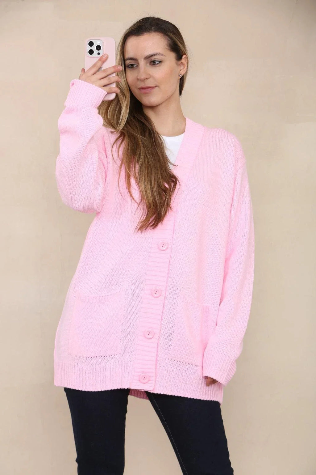 Women’s Long Sleeve Matching Button Open Front Aran Knit V-Neck Cardigan