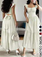 1 Piece Spring & Summer Ruffled Square Neck Polka Dot Maxi Dress
