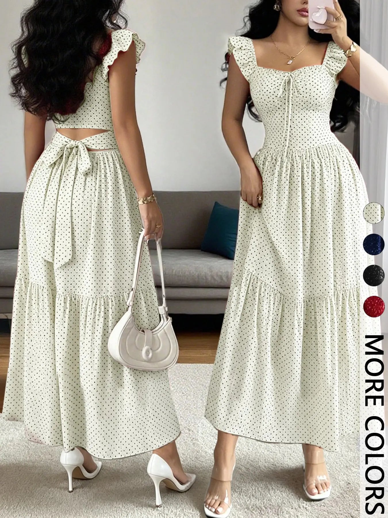 1 Piece Spring & Summer Ruffled Square Neck Polka Dot Maxi Dress