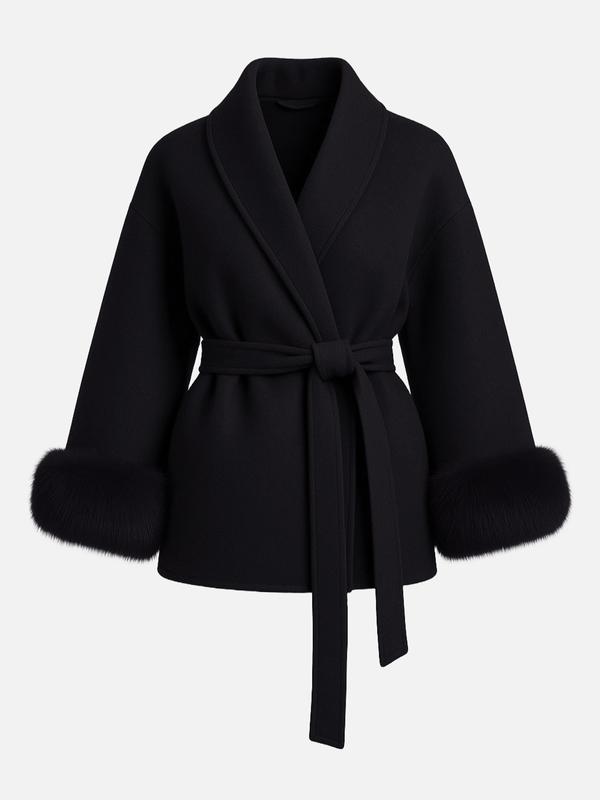 Women's Elegant Solid Color Waist Tie Plush Long Sleeve Thermal Wrap Coat