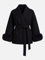 Women's Elegant Solid Color Waist Tie Plush Long Sleeve Thermal Wrap Coat