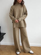 Women's 2 Pcs Sweater Set Autumn/Winter Long Sleeve Turtle Neck Drop Shoulder Solid Color Pullover Sweater and Wide Leg Pants
