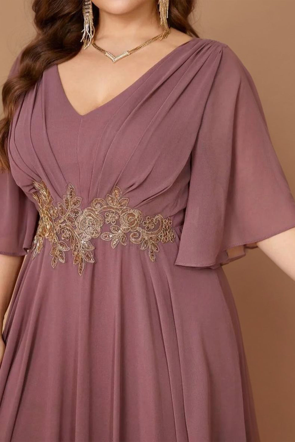Curveins Plus Size Batwing Sleeve V Neck Gathered Waist Elegant Maxi Dress