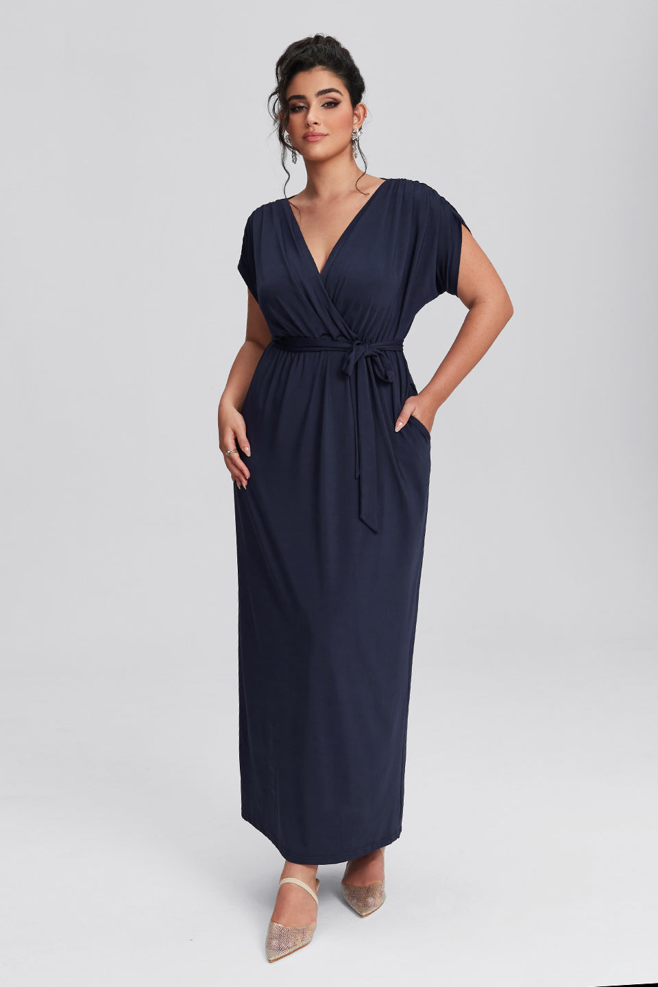 Curveins Plus Size Elastic Waist Shirred Black Maxi Dress