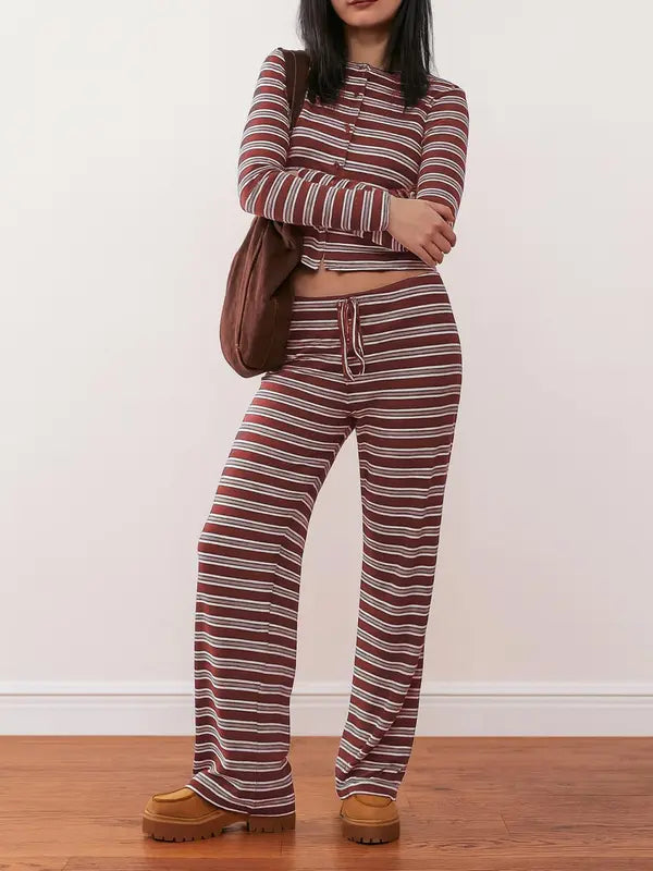 Women's Casual Colorblock Striped Long Sleeve Top & Loose-Fit Pants Set, Perfect for Holidays, Commuting, Daily Wear
