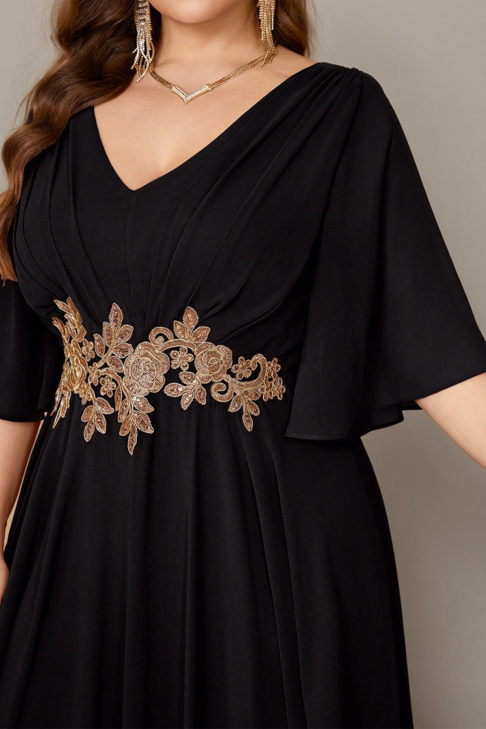 Curveins Plus Size Batwing Sleeve V Neck Gathered Waist Elegant Maxi Dress