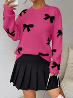Fashion Bow Print Casual Basic Loose Knitted Sweater Pullover Autumn/Winter Women Pullovers New O-Neck Full Sleeve Knit Sweater