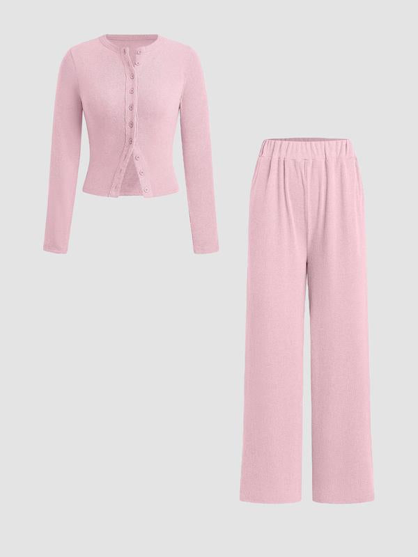 Women's Fall Winter Casual Slim-Fit Long Sleeve Round Neck Top & Pants Set, Plain Pattern Moderate Fabric, Two-Piece
