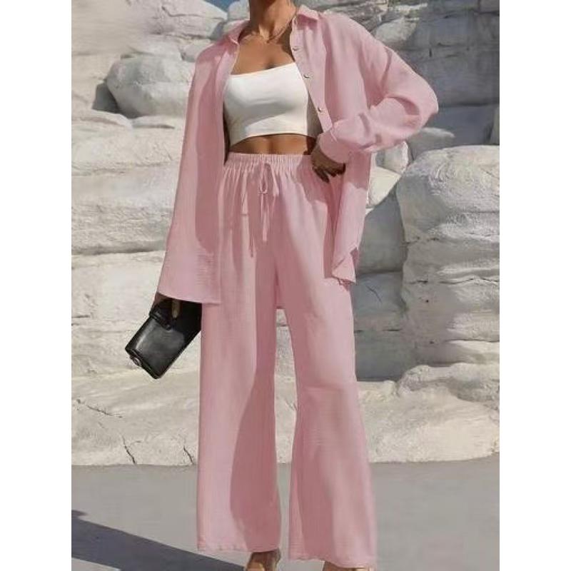 Women's Solid Button Front Shirt & Tie Front Wide Leg Pants Two-piece Set, Casual Drop Shoulder Long Sleeve Blouse Top & Trousers 2 Piece Set for Spring & Fall, Women's Clothes for Daily Wear Womenswear Suits Apricot Basic Minimalist