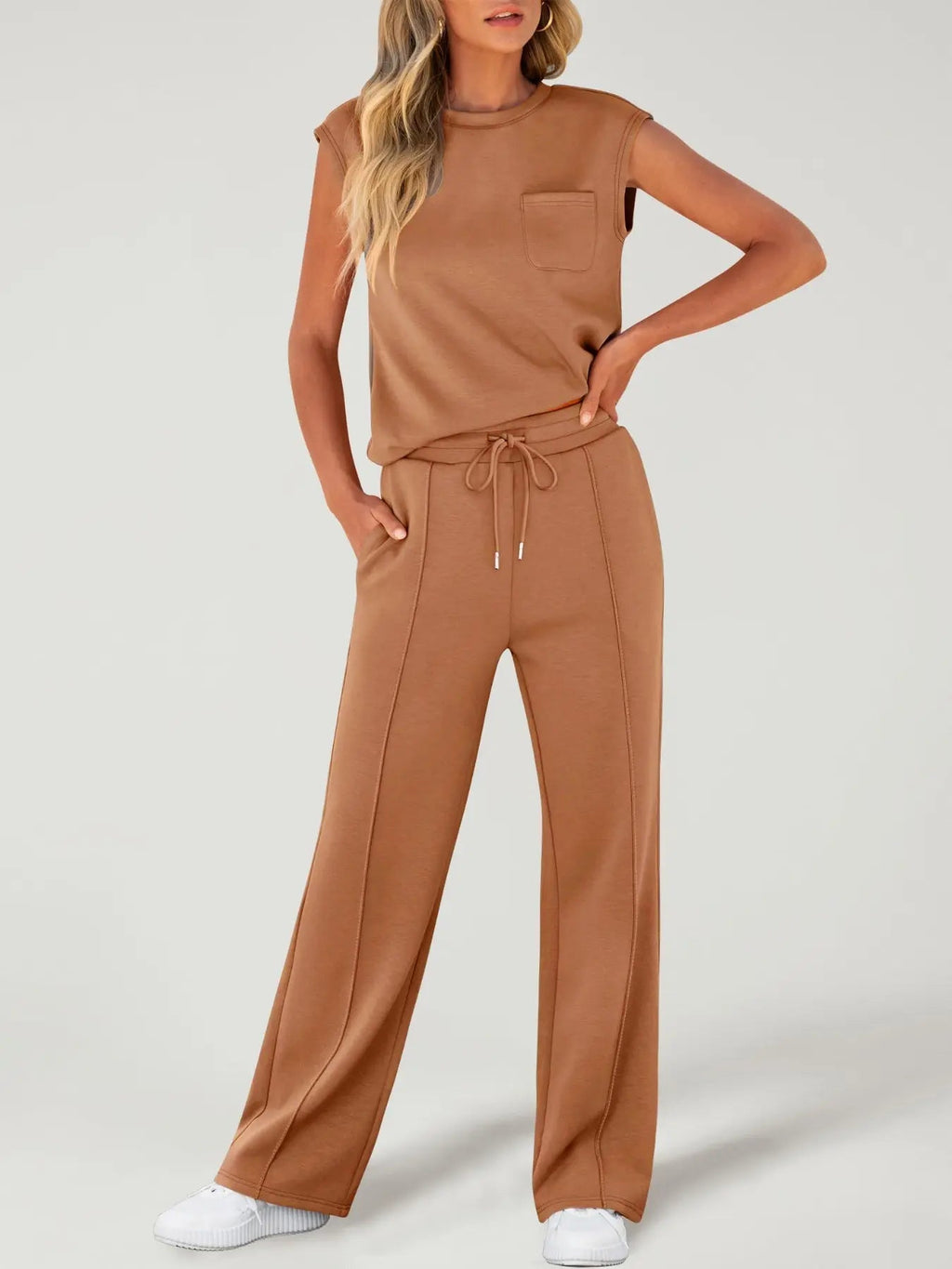 Women's Solid Tank Top & Drawstring Waist Pants Two-piece Set, Casual Sleeveless Round Neck Top & Trousers for Daily Wear, Ladies Two-piece Outfits for All Seasons