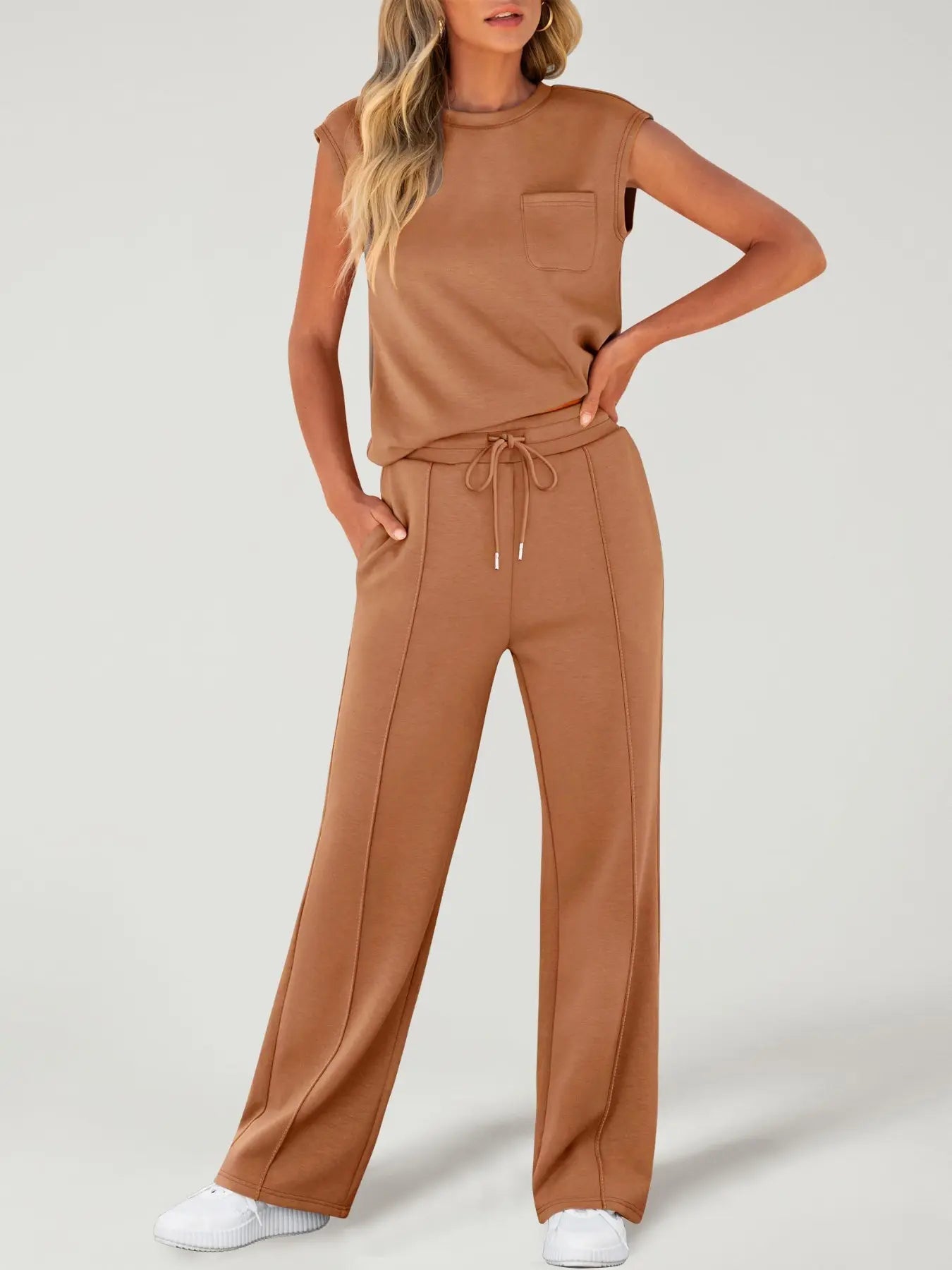Women's Solid Tank Top & Drawstring Waist Pants Two-piece Set, Casual Sleeveless Round Neck Top & Trousers for Daily Wear, Ladies Two-piece Outfits for All Seasons
