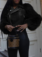Women's Patchwork Fur Jacket, Crocodile Texture Sleeves, Zipper Design, Casual Biker Style, All Seasons Wear, Stylish & Luxurious Look