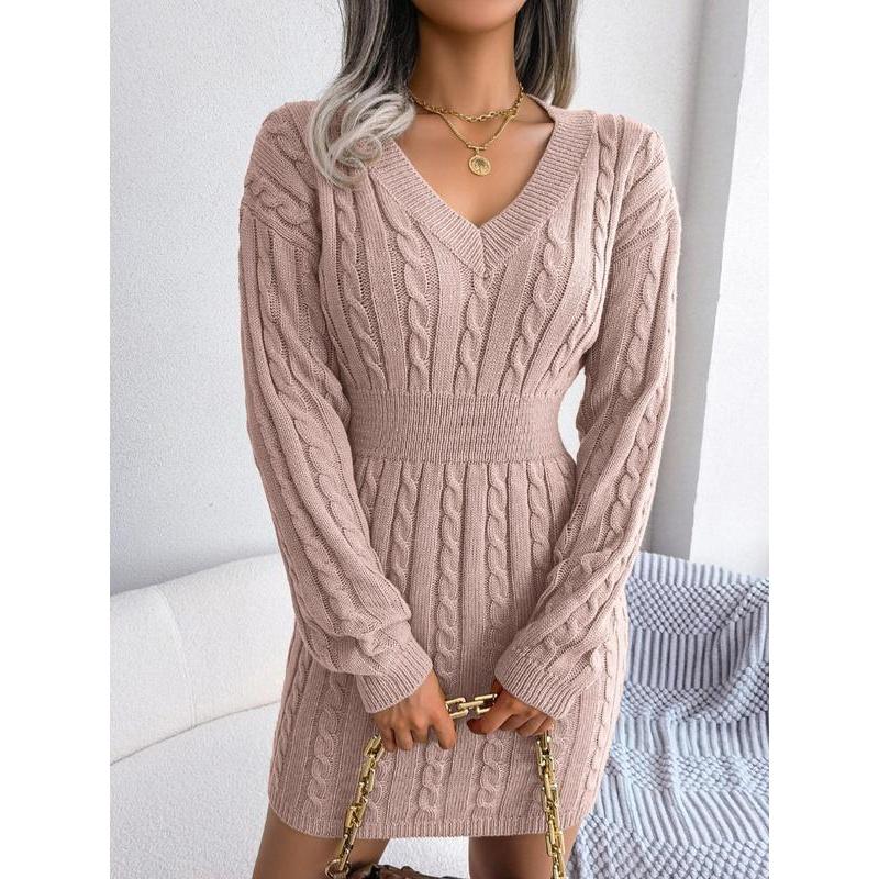 Women's Cozy V-Neck Cable Knit Sweater Dress – Soft Textured Drop Shoulder Long Sleeve Dress for Fall & Winter