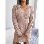 Women's Cozy V-Neck Cable Knit Sweater Dress – Soft Textured Drop Shoulder Long Sleeve Dress for Fall & Winter
