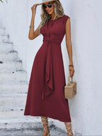 Women's Sleeveless Round Neck Plain Dress, Slimming Front Design, Waist Cinched A-Line, Perfect for Casual Commuting