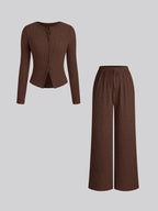 Women's Fall Winter Casual Slim-Fit Long Sleeve Round Neck Top & Pants Set, Plain Pattern Moderate Fabric, Two-Piece