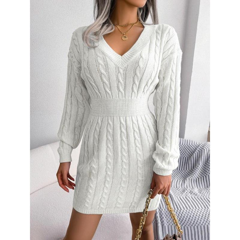 Women's Cozy V-Neck Cable Knit Sweater Dress – Soft Textured Drop Shoulder Long Sleeve Dress for Fall & Winter