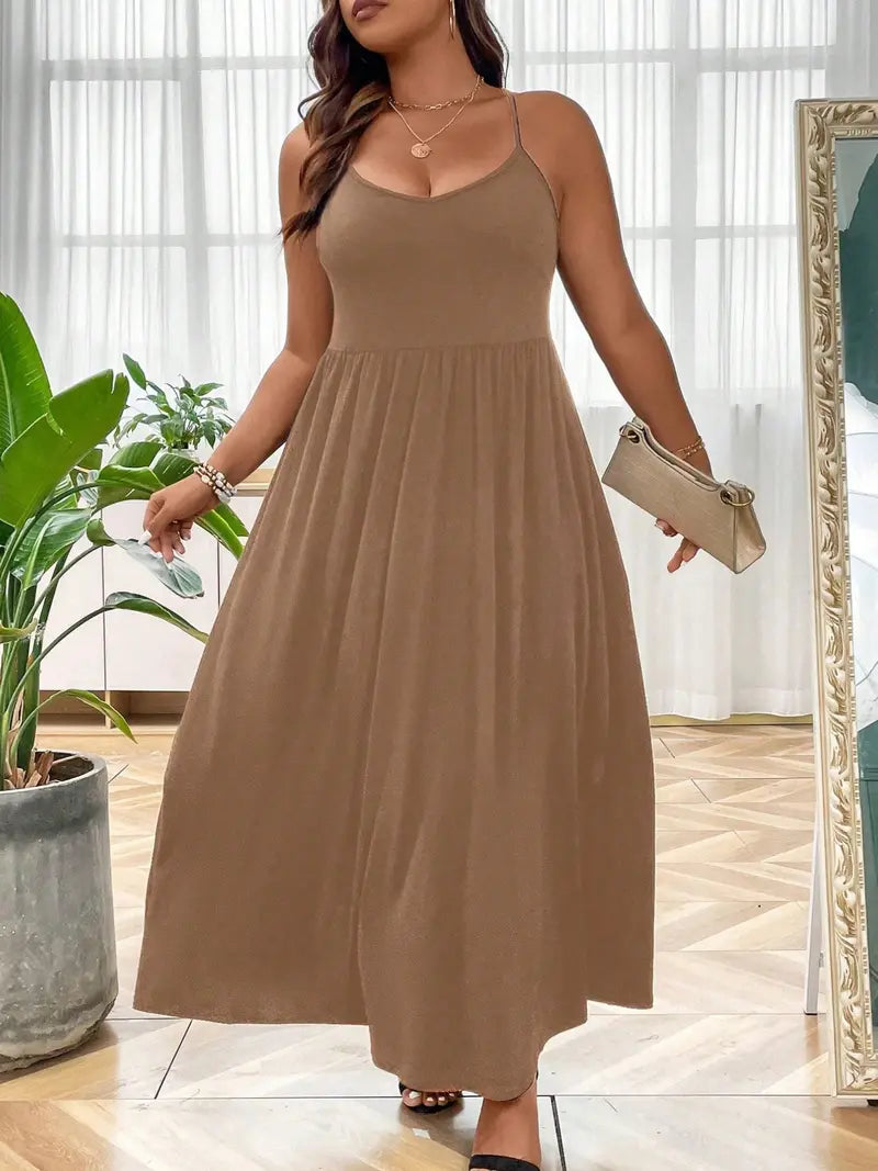 Plus Size Criss Cross Backless Cami Dress, Casual Solid Sleeveless Spaghetti Strap A-Line Dress for Summer, Women's Clothes for Party Holiday