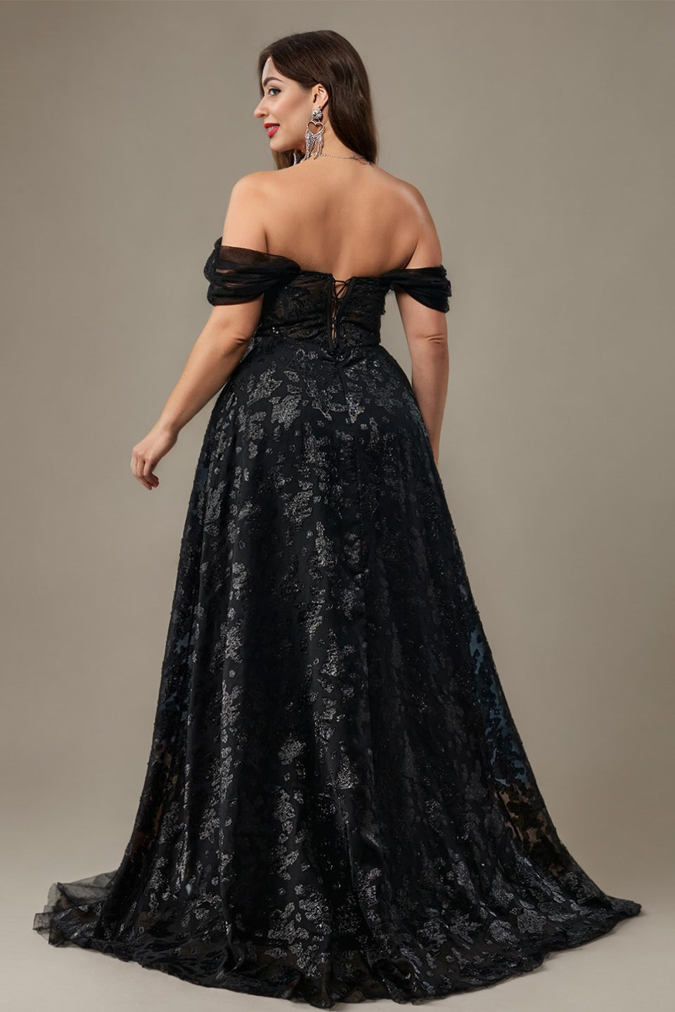 Curveins Plus Size Sparkly Floral Off Shoulder Fitted Waist Maxi Dress