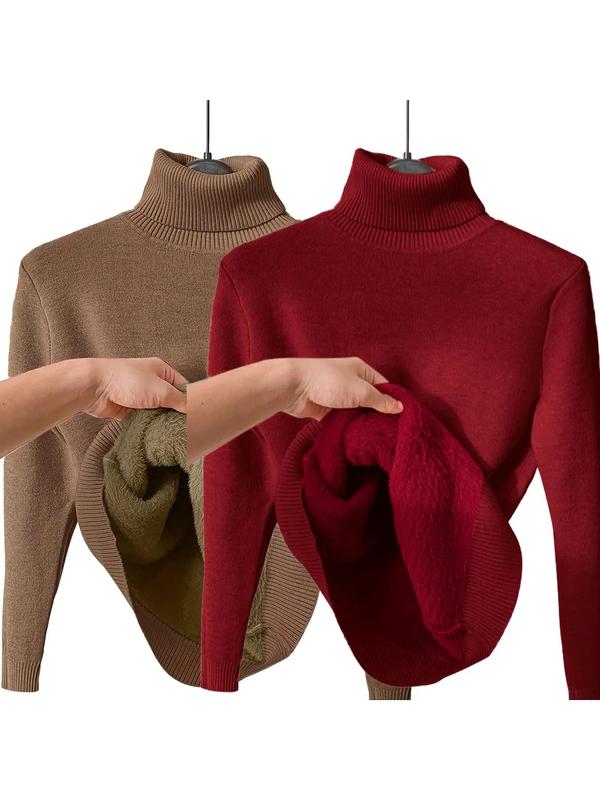 Women's Solid Thermal Lined Drop Shoulder High Neck Sweater, Casual Solid Long Sleeve Jumper For Daily Outdoor Wear, Women Knit Top for Fall & Winter