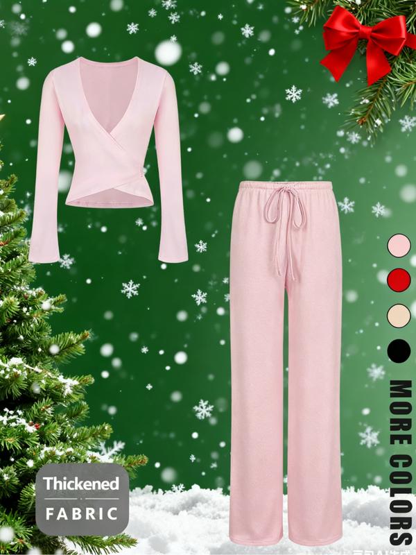 V Neck Sexy Top + Fashion Long Pants Christmas Holiday Atmosphere Set, Slim-Fitting, Plain Pattern, Spring & Fall Style