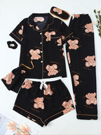 Women's All Over Print Top & Shorts & Pants & Accessories Pyjama Set, Casual Comfy Pj Set, Ladies Sleepwear for All Seasons