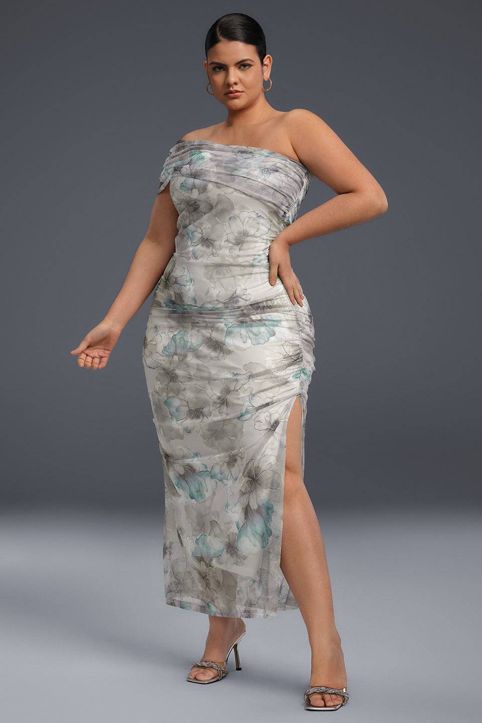 Curveins Plus Size One-Shoulder Floral Mesh Split Hem Maxi Dress