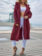 Women's Plain Pocket Button Front Faux Fur Coat, Casual Long Sleeve Lapel Outerwear For Fall & Winter, Women's Clothing For Daily Wear