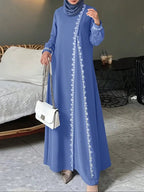 Women's Fashion Long Sleeve Round Neck Solid Color Casual Dress, Elegant Lace Trim Robe Style, Perfect for Daily Wear & Special Occasions
