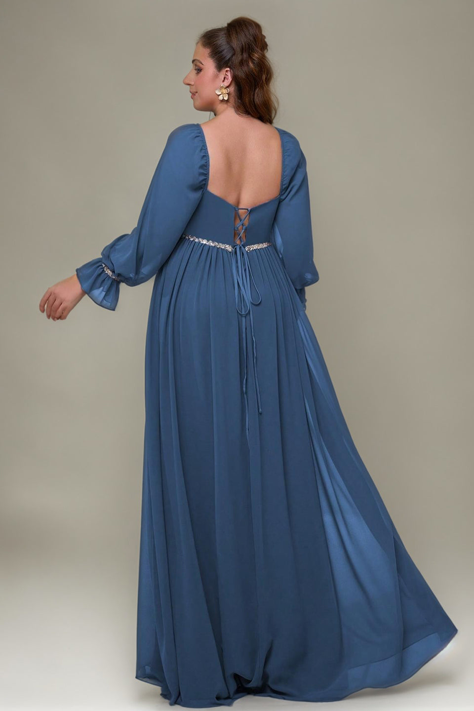 Curveins Plus Size Square Neck Long Sleeve Maxi Dress with Ruched Waist